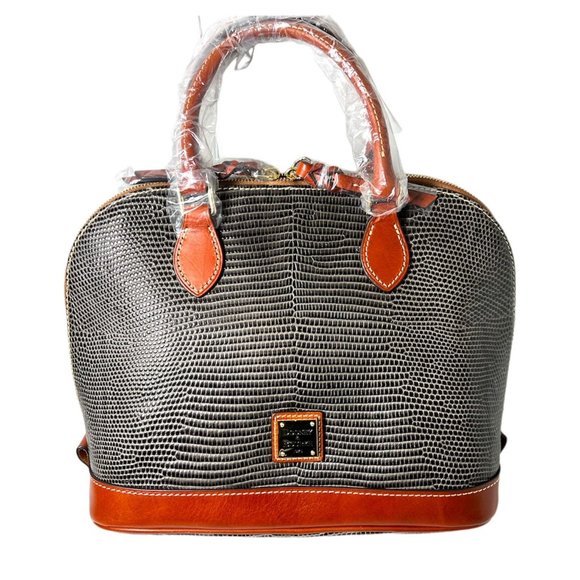 SOLD Dooney & Bourke Womens Grey Leather Lizard Embossed Zip Zip Satchel Handbag - Picture 3 of 14